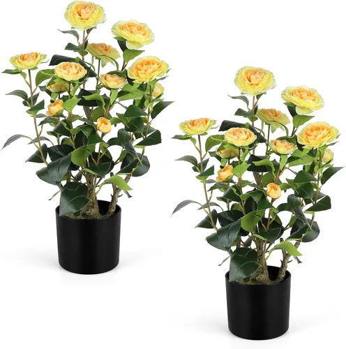 Miniatura 19 de Romantic Season 2FT Orange Artificial Camellia Tree 2Pack, Faux Camellia Plant Fake Potted Camellia Flower Tree for Modern Home Office Living Room