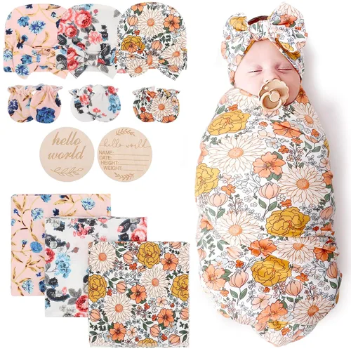 Miniatura 34 de DRESHOW BQUBO Manta de Recepción para Recién Nacido con Conjunto de Gorro con Lazo Estampado de Flores Manta Envolvente para Bebé con Gorro 1 juego
