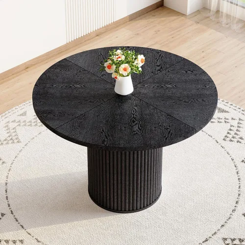 Mesa de comedor redonda para 4-6, mesa de comedor negra con tablero de madera de 42'' y base de pedestal cilíndrico, mesa de cena redonda para
