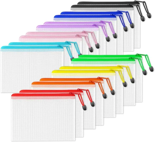 SUNEE Bolsa de Malla de Plástico con Cremallera de 6.8 x 9.2 pulgadas (9 Colores, 18 Paquetes), Bolsa Extra Grande Resistente al Agua con Cremallera