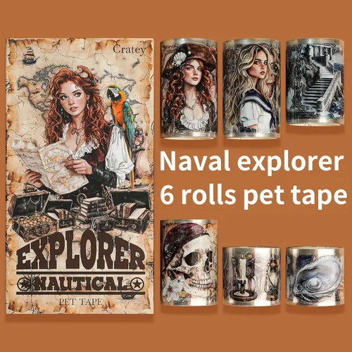 Miniatura 2 de Juego de 6 rollos de cinta adhesiva para mascotas con temática de explorador náutico para álbumes de recortes, cinta decorativa Washi para diario