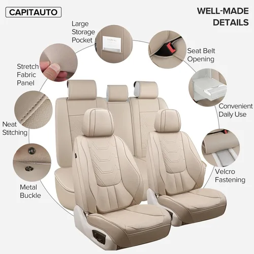 Miniatura 4 de CAPITAUTO Juego completo de fundas de asiento de automóvil, fundas de asiento beige para automóvil con soporte lumbar, fundas de asiento