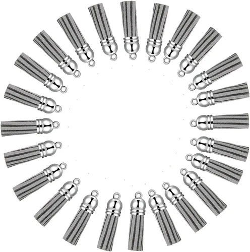 Miniatura 13 de Llavero con borlas de cuero con tapas blancas plateadas, dije de borla para hacer joyas, llavero, pulseras, anillos, manualidades, 30 unidades Negro
