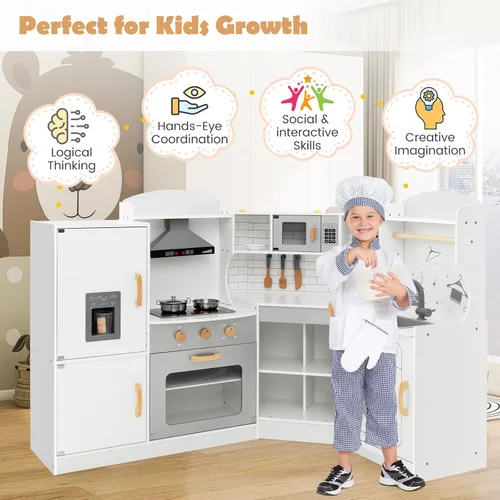 Miniatura 8 de Costzon Juego de cocina esquinera para niños, cocina de madera con sonidos y luces, lavadora, campana extractora, máquina de hielo, microondas