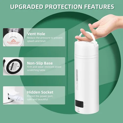 Miniatura 7 de Hervidor eléctrico de viaje, portátil, pequeño, hervidor de agua, calentador de agua con 4 controles de temperatura, acero inoxidable 304