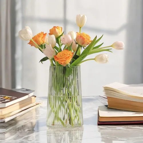 Miniatura 3 de Enova Floral Jarrón de vidrio acanalado transparente para flores, 4.0 pulgadas de ancho y 8.0 pulgadas de alto, florero de flores para ramo, moderno