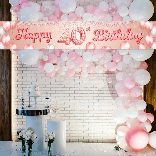 Miniatura 7 de Cartel de feliz cumpleaños número 40 color oro rosa, telón de fondo con globos de confeti para mujeres de 40 años, suministros de fiesta