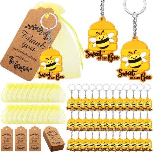 Roowest 150 piezas de dulces como pueden abeja, regalos de fiesta, incluyendo 50 llaveros de abeja con 50 bolsas de regalo, 50 etiquetas de