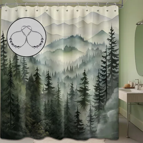 Miniatura 9 de Cortina de ducha azul marino de bosque Cortina de ducha azul oscuro de montaña y naturaleza para decoración de baño de hombres, tela impermeable