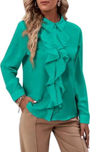 Miniatura 31 de LYANER - Blusa de manga larga con cuello de botón y volantes en la parte delantera para mujer