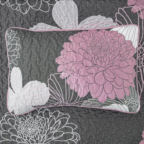 Miniatura 8 de Anibedding Juego de edredón de 3 piezas con estampado floral gris, tamaño Queen, juego de edredón rosa con patrón de flores, juego de edredón