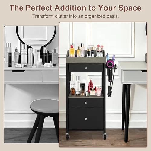 Miniatura 5 de Carrito organizador de maquillaje con 3 cajones, carrito de almacenamiento de cosméticos rodante con divisores ajustables, soporte de herramientas