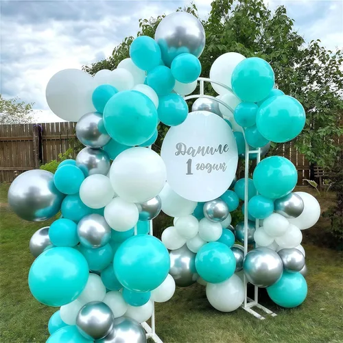 Miniatura 6 de Globos de látex de confeti azul turquesa, azul claro, menta, verde, plateado y blanco, juego de globos de látex de confeti, azul aguamarina, blanco
