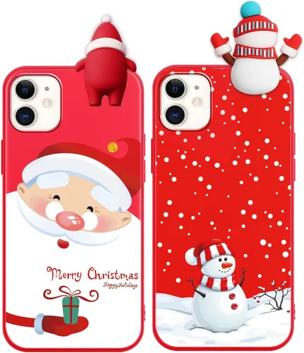 Miniatura 7 de Paquete de 2 fundas navideñas lindas para iPhone 13 Pro, patrón rojo 3D de muñeco Papá Noel muñeco de nieve Feliz Navidad de silicona suave TPU