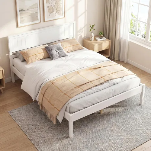 Miniatura 10 de KOMFOTT Marco de Cama de Madera Tamaño Twin con Cabecero, Marco de Cama de Madera Maciza con Soporte de Listones, Almacenamiento Debajo de la Cama