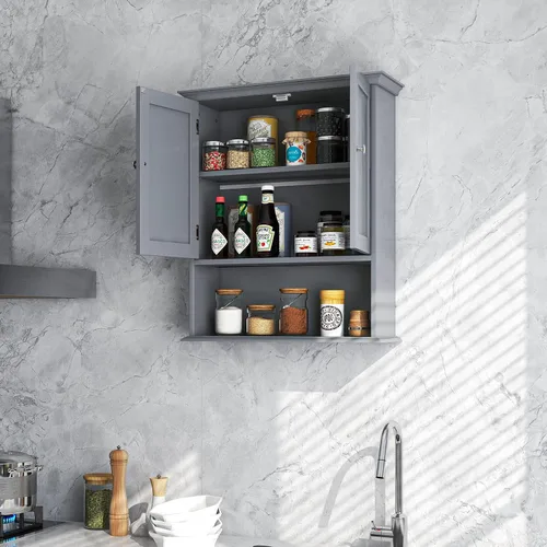 Miniatura 4 de Tangkula Armario de pared de baño, armario colgante de madera con puertas y estantes, gabinete de almacenamiento multiusos para aseo, cocina, sala