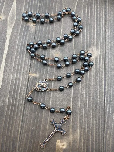 Miniatura 15 de Nazareth Store Hematite Rosary Beads Black Stone Catholic Rosary Necklace with Jerusalem Holy Soil & Cross Antique Religious Rosaries Beads