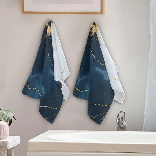 Miniatura 5 de Bolaz Juego de 2 toallas de mano para baño, algodón azul marino con vetas doradas, decorativas, 28 x 14 pulgadas, absorbentes y suaves
