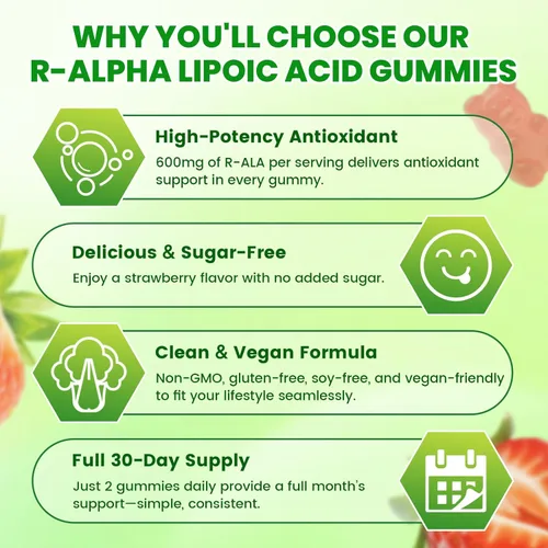 Miniatura 5 de Gomitas de ácido alfa lipoico R, ácido R-alfa lipoico estabilizado, suplemento ALA para apoyo antioxidante y metabolismo, veganas, sin OMG, sin