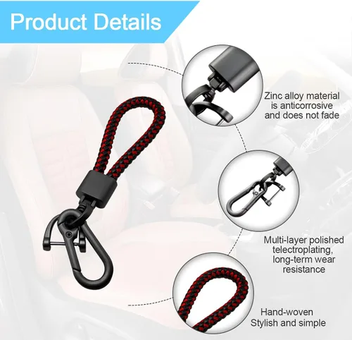 Miniatura 3 de Llavero de llaves de coche con bellota y trenzado en paracord, llavero de cuero trenzado grueso para hombres y mujeres, adecuado para todos los Negro