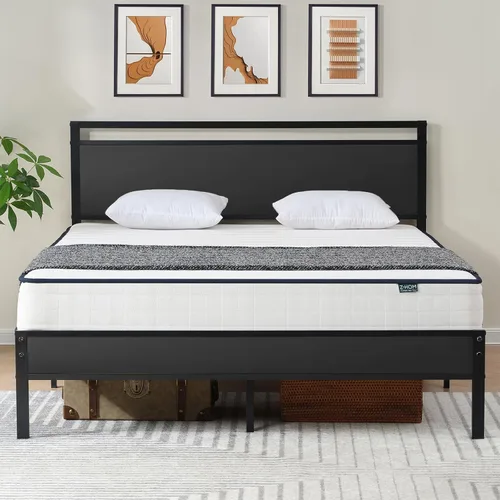 Miniatura 13 de Z-hom Cama de plataforma de metal resistente de fácil montaje, marco de cama tamaño Queen con cabecero y estribo, soporte antideslizante y Marrón