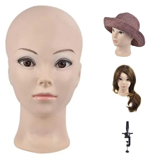 Miniatura 7 de Ba Sha Cabeza de maniquí de cosmetología afro, cabeza de maniquí calva para hacer pelucas, sombrero, exhibición de gafas con abrazadera gratuita
