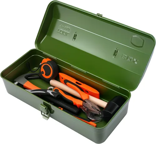 Caja de almacenamiento de herramientas portátil grande de metal con asa para taller, caja de herramientas portátil de 15 pulgadas con tapa, caja