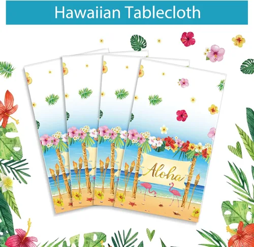 Miniatura 3 de Manteles hawaianos Luau de plástico hawaiano con flamenco hawaiano, Aloha Luau, para fiesta, Aloha y hojas de palmera tropicales, mantel de flamenco