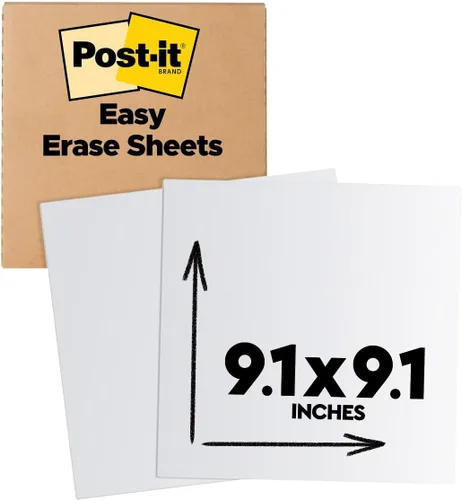 Post-it Hojas de pizarra blanca fáciles de borrar, paquete de 2, 9.1 x 9.1 pulgadas, pizarra blanca instantánea, uso de borrado en seco y marcadores