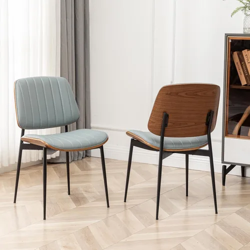 Miniatura 20 de LUNLING Sillas de comedor modernas de mediados de siglo, silla retro beige de piel sintética con asiento tapizado de madera curvada de nogal, patas