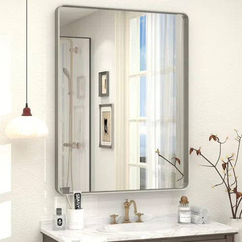 Miniatura 26 de Paquete de 2 espejos de baño con marco de metal negro de 22 x 30 pulgadas, espejo rectangular redondeado negro mate, antioxidante, se cuelga