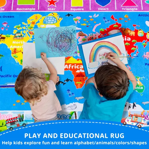 Miniatura 9 de Alfombra Infantil con Mapa Mundial ABC para Sala de Juegos Geografía 59"×39.4" Alfombra de Juego para Aula Alfombra Educativa para Bebé Alfombra