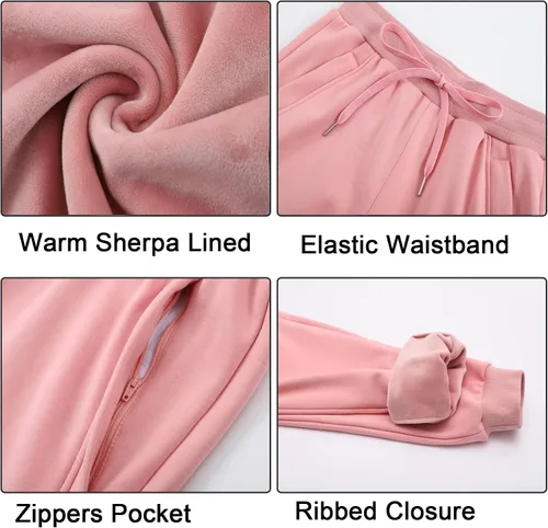 Miniatura 33 de MOUEEY Pantalones deportivos súper cálidos con forro de sherpa para mujer, pantalones deportivos de forro polar con bolsillos con cremallera