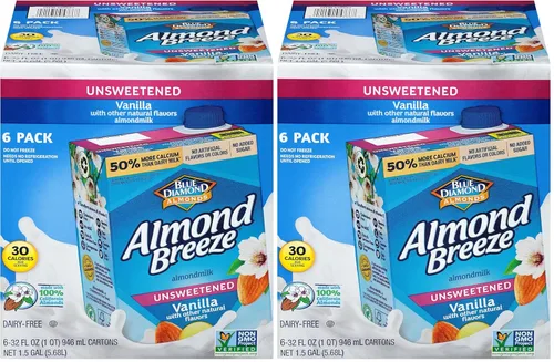 Almond Breeze Leche de almendras sin lácteos, vainilla sin azúcar, 32 onzas (paquete de 12)