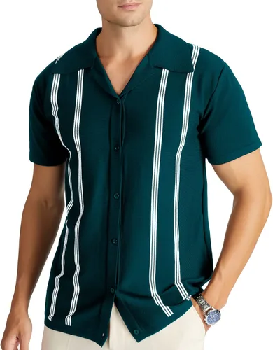 V VALANCH Camisas de punto de manga larga/corta para hombre, con botones, vintage, vertical, cuello de campamento, camisa polo
