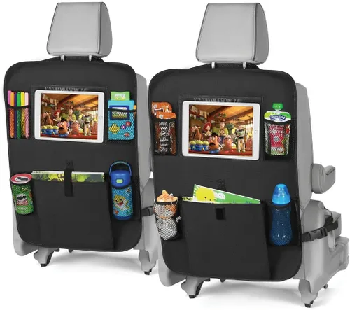 Miniatura 10 de lebogner Funda de asiento trasero para niños + organizador de almacenamiento de 3 bolsillos, paquete de 2 alfombrillas protectoras para asiento Beige