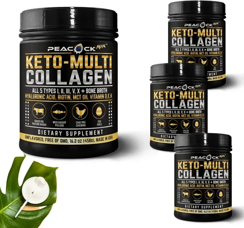 Polvo de proteína de colágeno múltiple de 16.2 onzas (paquete de 4) | 5 tipos con caldo de huesos, péptidos hidrolizados, aceite de biotina y MCT,