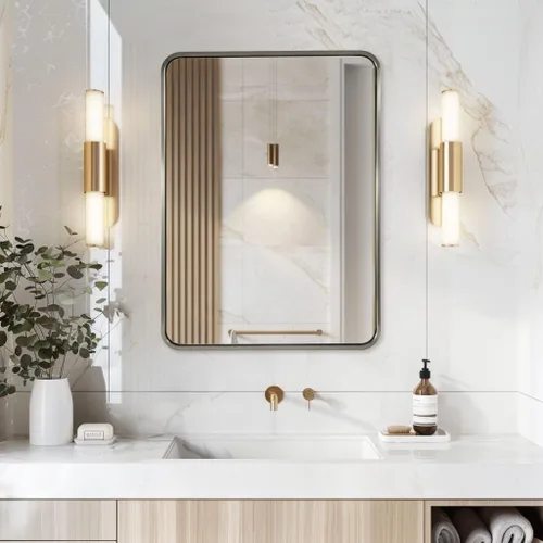 Miniatura 8 de ANDY STAR Espejo de Baño Cromado, 22x30'' Rectángulo Redondeado Espejo de Níquel Pulido para Tocador, SUS304-Anti-Óxido, Montado en Pared Cromo