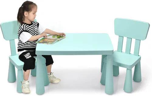 Miniatura 13 de COSTWAY Juego de mesa y sillas para niños de 3 piezas, centro de actividades infantiles de plástico ligero para leer, escribir, pintar, merienda