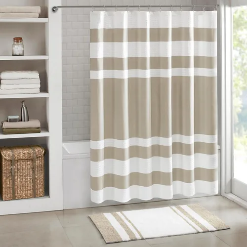 Madison Park Cortina de ducha de tejido waffle con diseño a rayas en piezas, cortina de ducha de tela para baño con gestión de humedad 3M Rayas Taupe