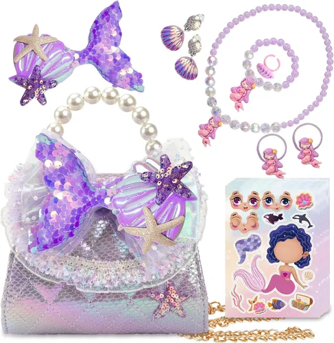 LSSAGOON Bolso para niñas pequeñas, bolso con juego de joyas para niños, mini bolso cruzado de perla, regalos para cumpleaños y Navidad, Púrpura