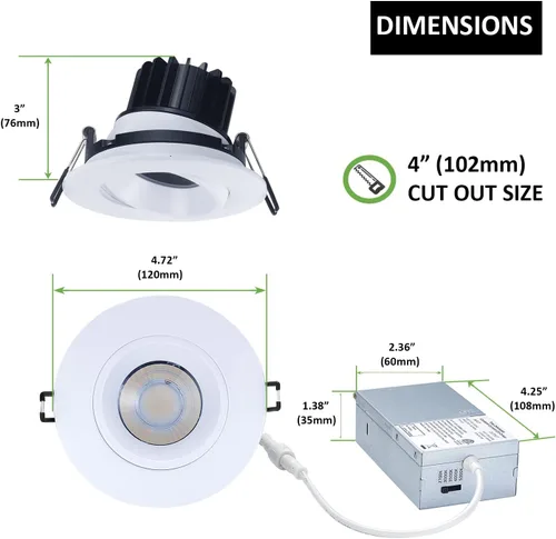 Miniatura 6 de POPANU Canless - Foco empotrado de cardán empotrado, adecuado para techo alto de 20 pies, 1200 lm, 4 pulgadas, 15 W, foco de globo ocular giratorio