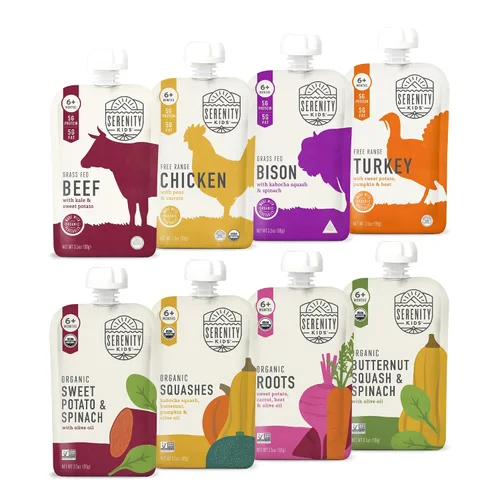Serenity Kids Alimento para bebés, verduras saladas orgánicas y carnes de origen ético, para más de 6 meses, bolsa de 3.5 onzas (paquete de 8)