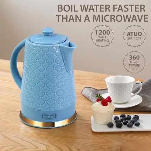 Miniatura 3 de Hervidor eléctrico de cerámica, 1.5L/1200W hierve agua rápida y fácilmente con protección contra hervido en seco y apagado automático, base Azul