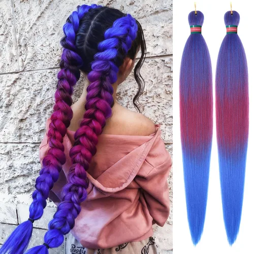 Miniatura 55 de Extensiones de cabello para trenzar verde+verde claro, preestiradas, 2 paquetes, con cabello plumoso pre-trenzado, extensiones de cabello