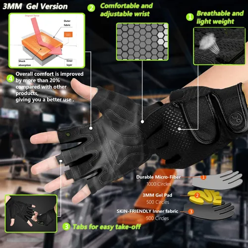 Miniatura 2 de Guantes de entrenamiento MOREOK con acolchado para levantamiento de pesas para hombres/mujeres, [Gel de 3MM] guantes sin dedos de agarre para Negro