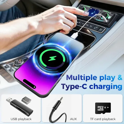 Miniatura 4 de Estéreo de coche DIN sencillo con pantalla táctil, audio Bluetooth, receptor de radio para coche, entrada dual MP3/USB/SD/AUX, carga rápida