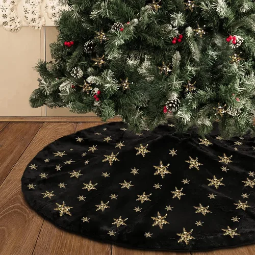 Miniatura 2 de Faldones de Felpa para Árbol de Navidad, 24 pulgadas, Lujosa Cubierta de Base de Árbol de Navidad de Piel Sintética Negra con Copos de Nieve Dorados
