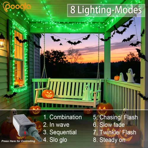 Miniatura 2 de Pooqla Guirnalda de 200 luces LED para interiores y exteriores, luces verdes de Halloween de 66 pies, enchufables con temporizador, 8 modos Alambre