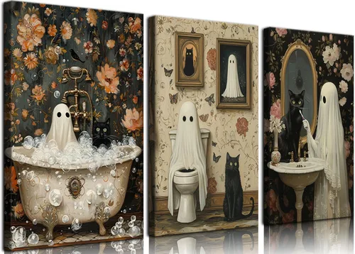 Miniatura 8 de NBYARTQ Pósteres de Fantasmas de Halloween Arte de Pared Juego de 3 Impresiones de Terror Espeluznante Academia Oscura Fantasma y Gato Negro